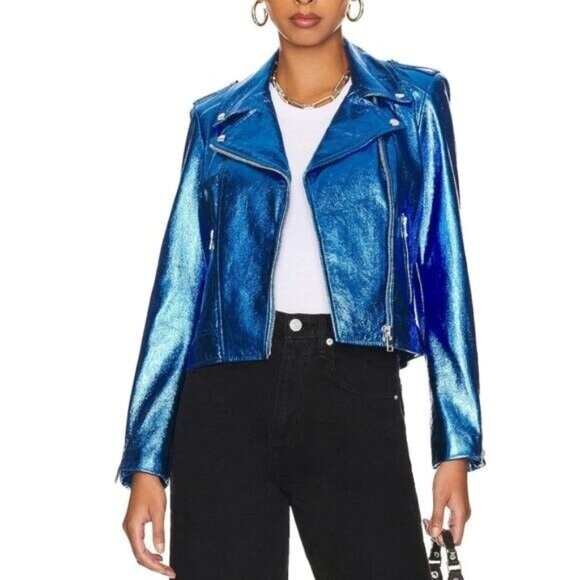 7 For All Mankind Metallic Moto Jacket Faux Leather Women's Medium New With Tag - Picture 2 of 4